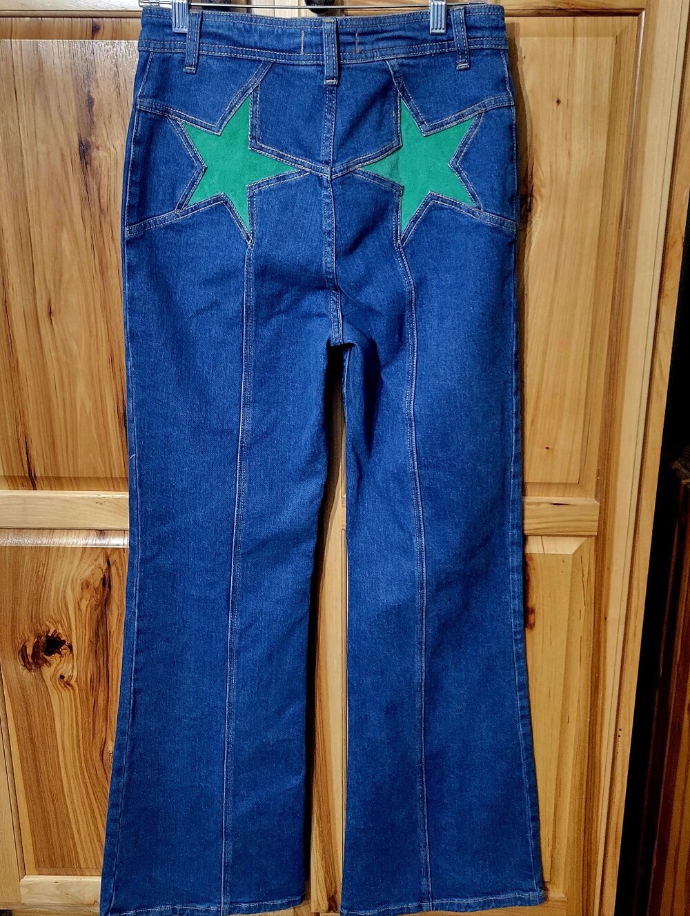 Free People We The Free Firecracker Flare Jeans . Green Suede Stars Sz 29